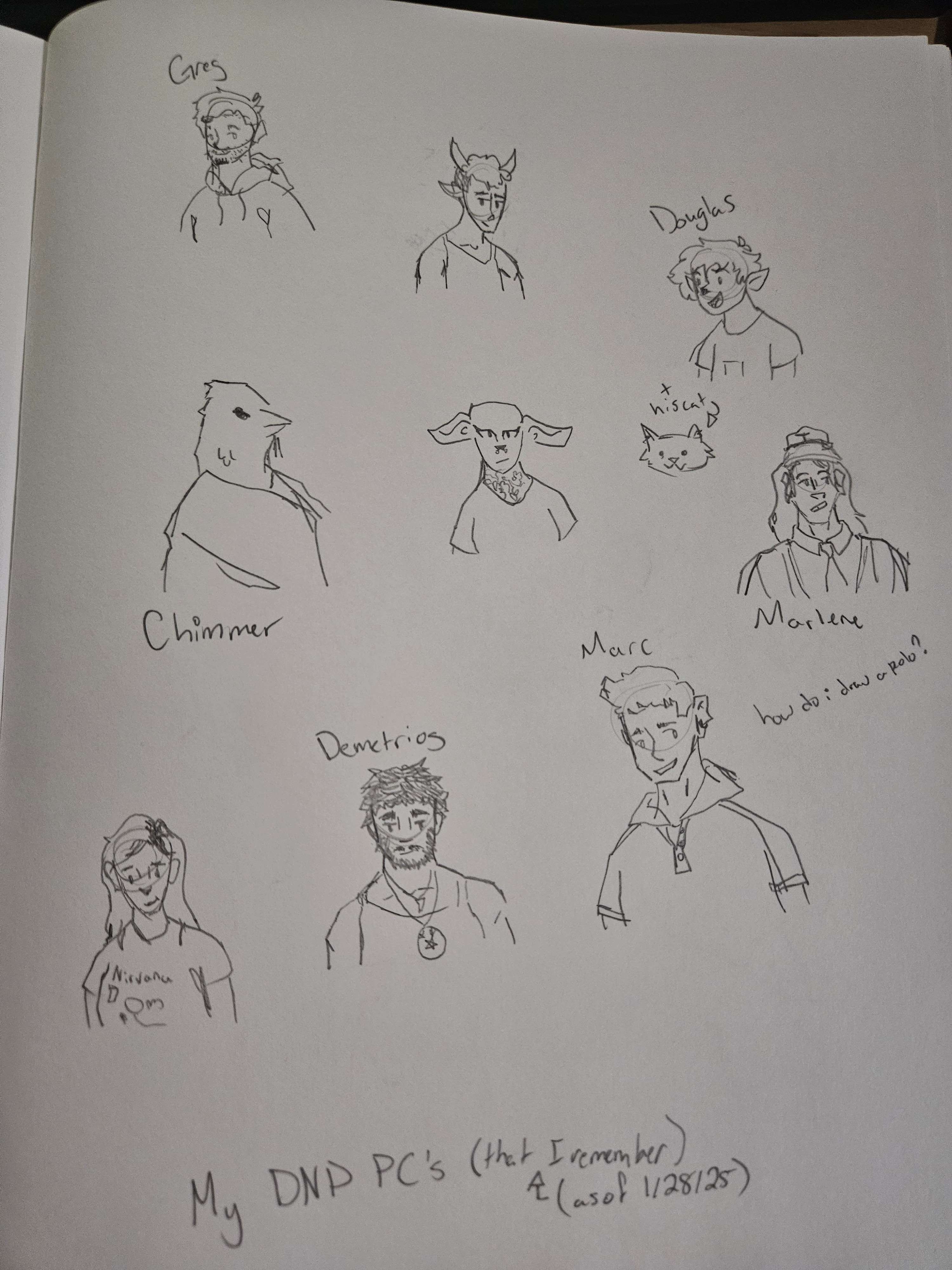 various small pencil doodles of every TTRPG PC I've played, some are labeled with names but not all